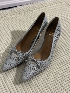 Stuart Weitzman Blue-Grey Mesh Bow Kitten Heels